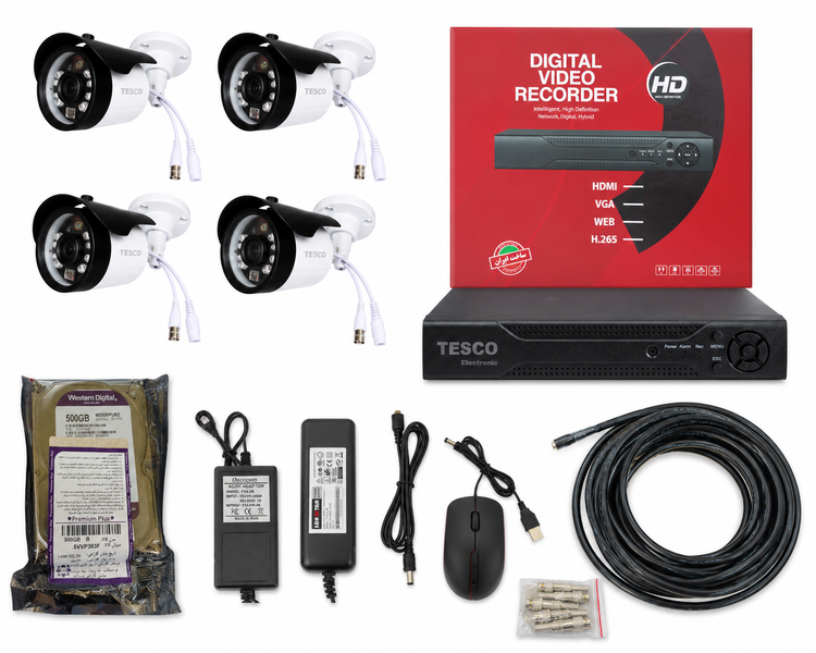 پک کامل دوربین مداربسته ۴ کانال TESCO – کیفیت FHD، ساخت ایران ۴ دوربین ۲ مگاپیکسل Full HD + دستگاه ضبط ۴ کانال ۵ مگاپیکسل + هارد ۵۰۰ گیگابایت و تمام لوازم جانبی لازم